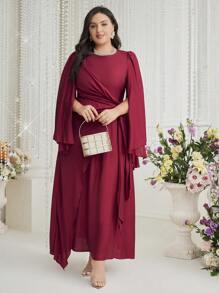 Modelyn 勃艮第红色女士纯色简约大码连衣裙，优雅晚会礼服长款晚礼服