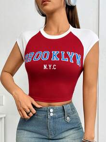 SHEIN Unity Women's Letter Print Color Block Cropped T-Shirt - Red - View 4