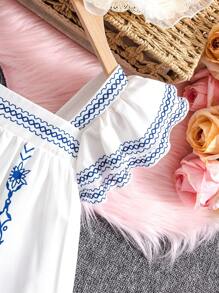 Travachic KIDS Cô gái Tween Dệt Màu thuần Hoa Cổ áo vuông Ruffle Dây đeo Giải trí Kỳ nghỉ Áo sơ mi - trắng - Xem 4