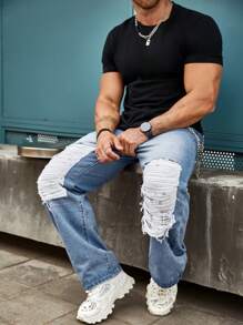 SHEIN Manfinity Homme Men's Casual Distressed Denim Jeans - Blue - View 5