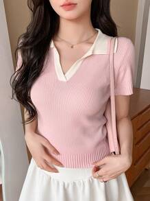 DAZY Women's Contrast Color Turn-Down Collar Short Sleeve Knitted Top,Fall Clothes,Back To School Clothes - Pink - View 6