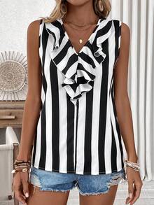 SHEIN VCAY Của phụ nữ Sọc Áo vest Với Viền Ruffle - Đen và trắng - Xem 3
