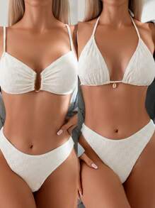 SHEIN Swim Set de 3 piezas Bikini con estampado de patrón de cuadrícula y diseño en relieve, con hebillas metálicas en forma de U, para boda y verano - Beis - Ver 3