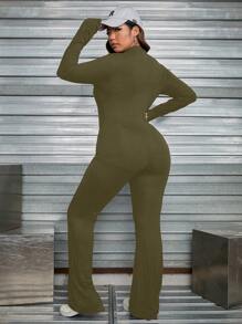 SHEIN EZwear Dệt kim Của phụ nữ Vá chữ cái Tay áo dài Áo liền quần - xanh quân đội - Xem 2