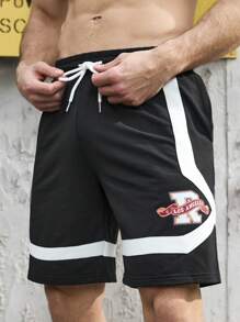 Gym Rark Boyfriend Style Men's Colorblock Letter Print Drawstring Waist Sports Shorts Jogger Shorts Sweat Pants Black Shorts - Black - View 4