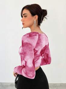 Aloruh Của phụ nữ Nhuộm buộc Viền không đối xứng Áo thun - Hồng - Xem 2