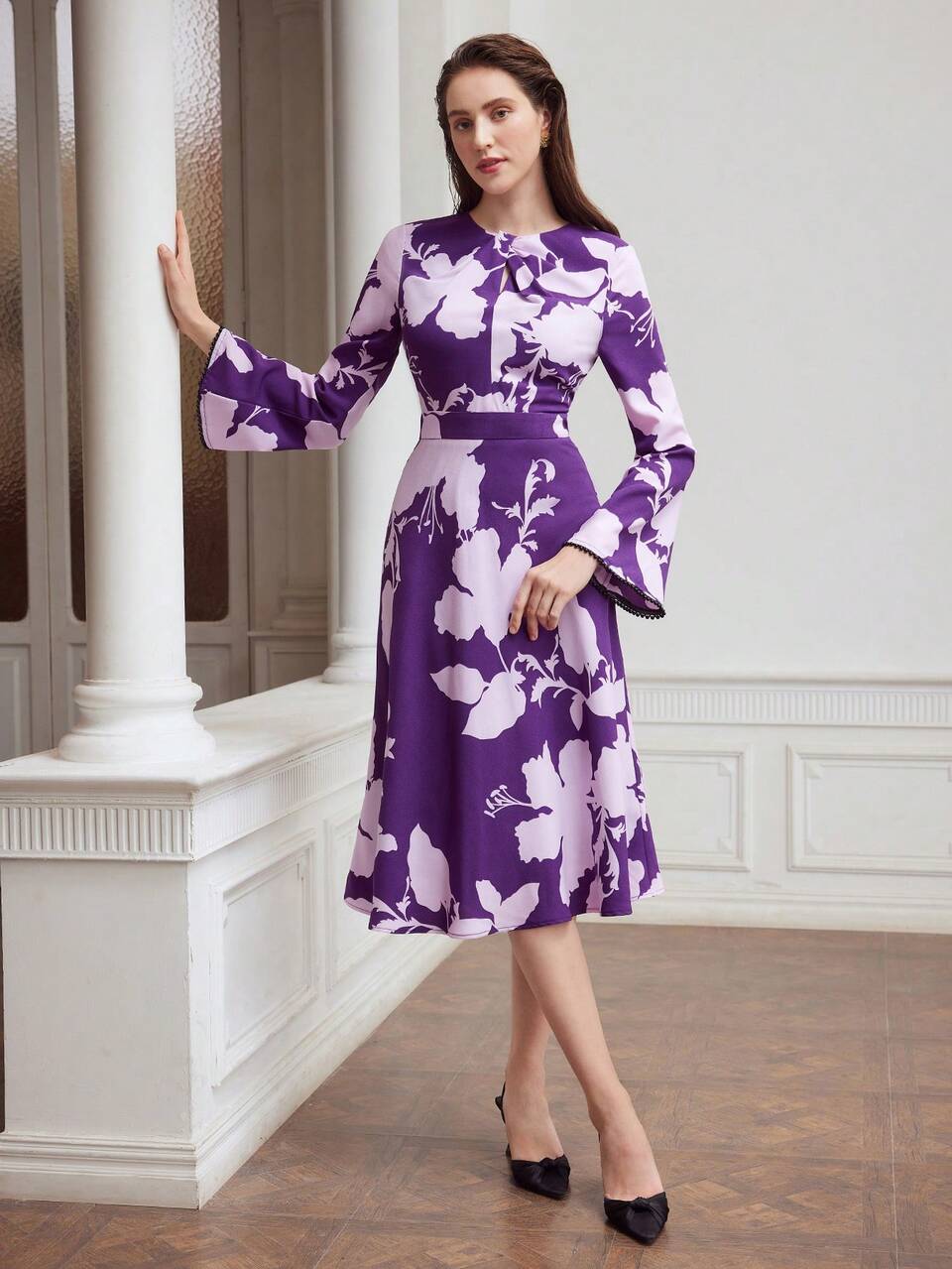 MOTF WOVEN PLANT PRINTED ROUND NECK DRESS FOR WOMEN