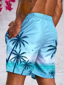 Manfinity Heren strandshorts met kokosnootboom- en oceaanlandschap, bedrukt met grafische print, voor strand, vakantie en Hawaii