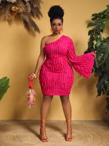 Slaydiva Plus Size Pink One-Shoulder Ruffle See-Through Mini Dress - Hot Pink - View 1