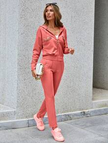 RueChic Conjunto De Ropa Deportiva De Mujer Con Chaqueta Y Pantalón De Color Sólido Con Cierre De Cremallera - Rosa - Ver 3