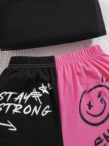 SHEIN 3入組少女蝴蝶圖案針織短袖t恤、針織純色背心和寬鬆針織短褲 - 玫紅色 - 查看 4