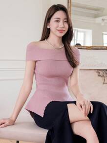 DAZY Effen kleur off-shoulder asymmetrische zoom sexy gebreide top, ruches