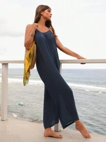 SHEIN Swim Của phụ nữ Màu thuần Dây đeo Mì Ý  Áo liền quần Cover Ups & Áo đầm Lễ hội hóa trang - Màu xanh hải quân - Xem 4