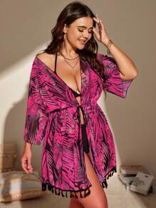 Swim Lushoire 女性加大尺碼休閒時尚和服,印花系帶設計 - 彩色 - 查看 4