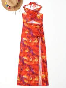 Swim Vcay Summer Women's Tie-Dye Halter Neck Hollow Out Detail Pleated Slit Fashion Cover-Up (Random Print) Valentine