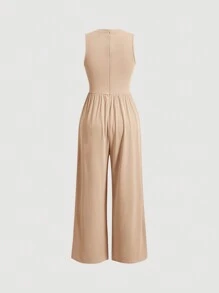SHEIN MOD Women's Solid Color Sleeveless Round Neck Jumpsuit - Apricot - View 2