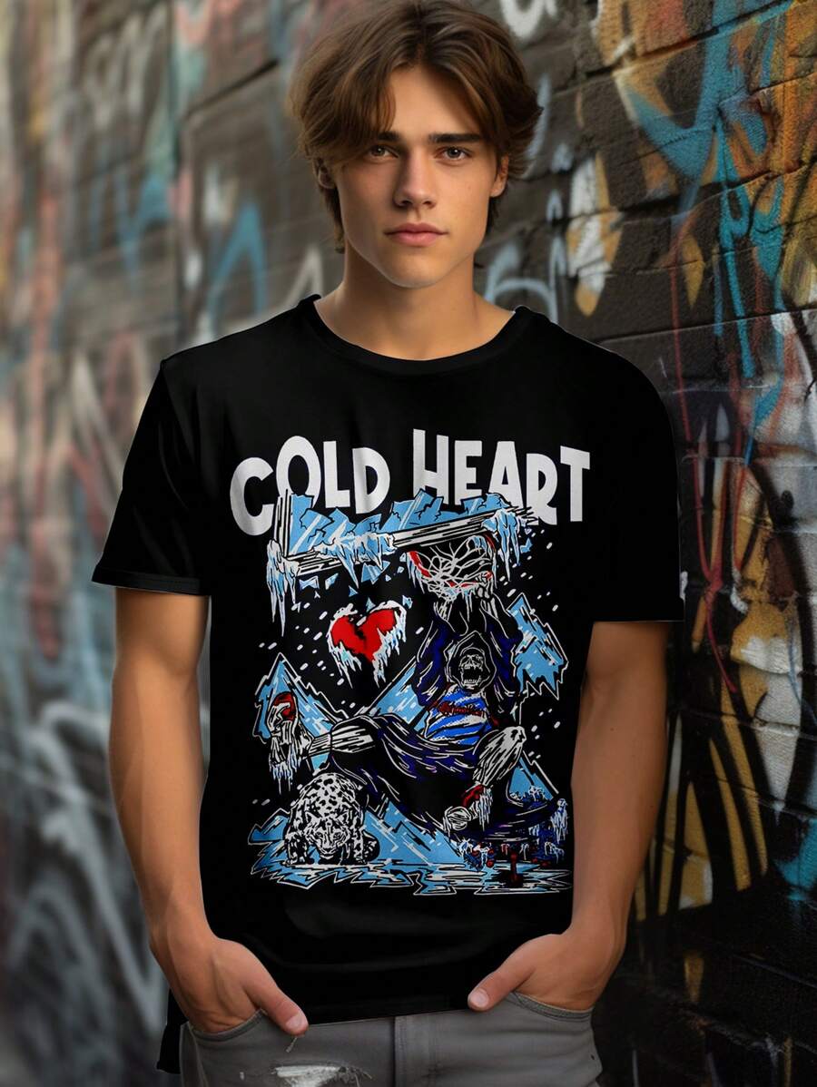 Manfinity Roghcode Men Plus Letter Printed Short Sleeve T-Shirt - Black - View 1