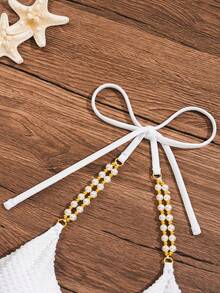 SHEIN Swim 女士纯色露背系带比基尼上衣，适合夏季、海滩、游泳和度假穿着 - 白色 - 查看 4