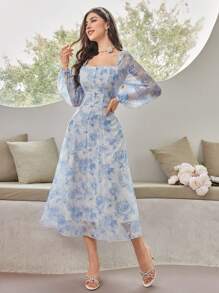 Mulvari 女士方领长袖连衣裙 女式长款套装 - 藍色 - 查看 4