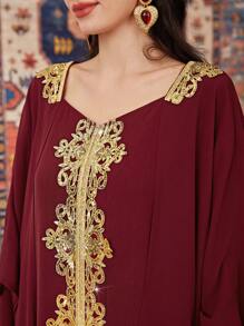 Al Najma Burgundy Red Women's Long Embroidered Turkish Shirt Dress With Beads Kaftan Jalabiya Dress - Burgundy - View 4