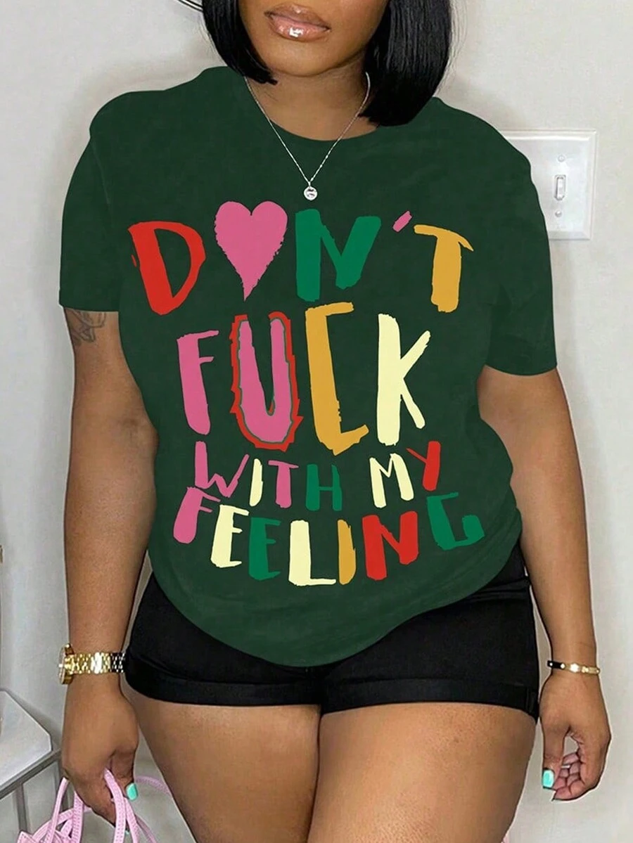 Maweii Women's Plus Size Slogan Printed T-Shirt - Green - View 1