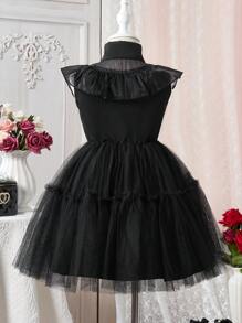 SHEIN Glamorique Kids Young Girl/ Young Girls' Black Lapel Mesh Dress, Dark Style Suitable For Halloween, Parties, And Daily Wear,Occasion Wear,Holiday,Summer,Travel Summer Holiday