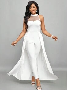 SHEIN Lady Mono De Cuello Halter Con Malla Para Mujer - Blanco - Ver 6