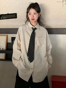 女士休闲条纹长袖衬衫，不系领带，长袖上衣 - 杏色 - 查看 5