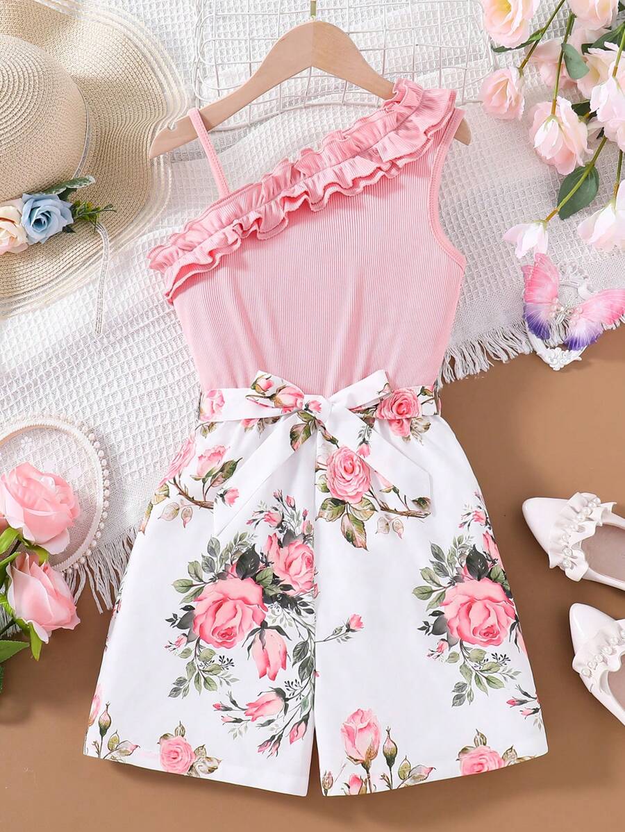 SHEIN Tween Girl Floral Print Romper With Asymmetric Neckline & Ruffle Trim - Pink - View 1