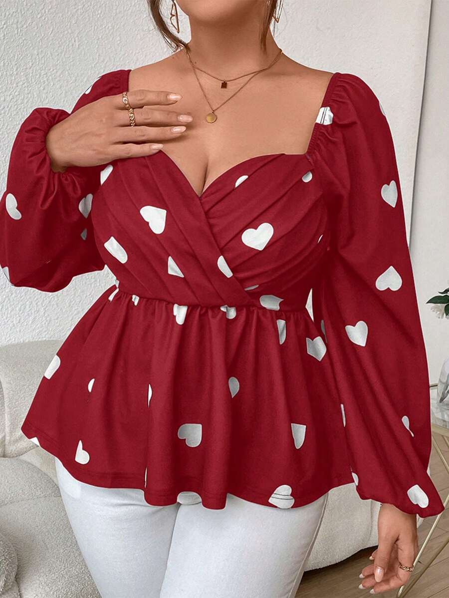 SHEIN Privé Plus Size Women's Heart Print Lantern Sleeve Shirt With Ruffled Hem - Red and White - View 1
