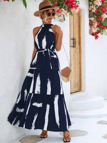 SHEIN LUNE Vestido halter con estampado de pincelada bajo con fruncido con cinturón - Azul y blanco - Ver 6