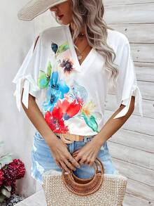 SHEIN LUNE 女士花卉圖案 V 領襯衫 - 白色 - 查看 3