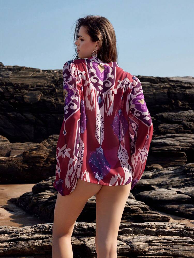 Vintage Lantern Sleeve Shirt With Printed Pattern