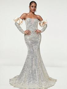 See Through Mesh & Sequined Fitted Mermaid Evening Dress With Sleeve Cover - Apricot - View 1