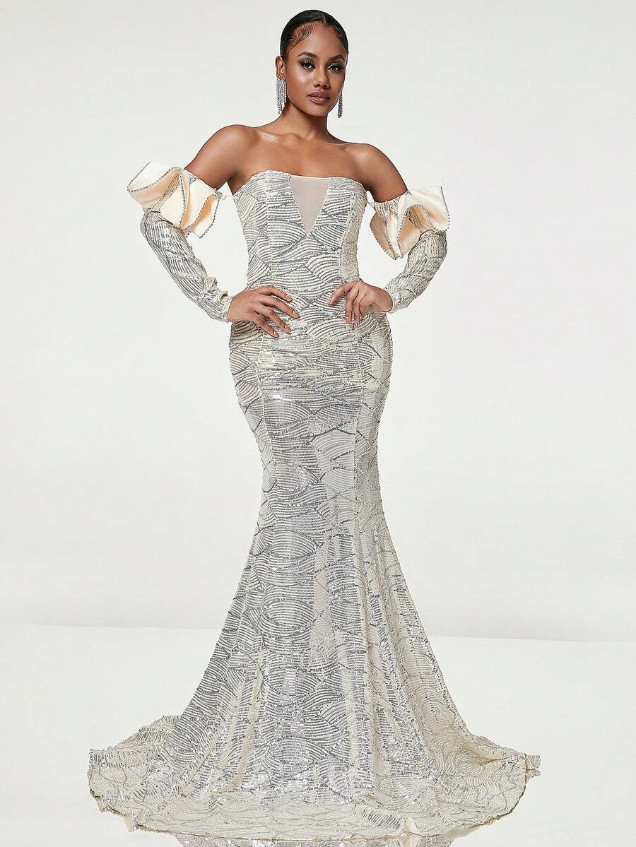 See Through Mesh & Sequined Fitted Mermaid Evening Dress With Sleeve Cover - Apricot - View 1