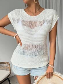 Breezaya 1件女士實色破洞針織毛衣 - 米色 - 查看 3