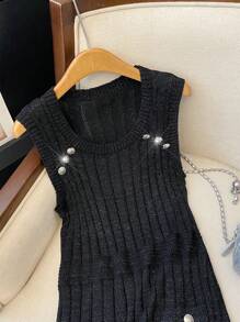 Calvaya Kích thước lớn Của phụ nữ Không tay Đầm Áo len Với nút Trang trí - màu đen - Xem 4