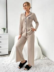 RueChic Women's Contrast Color Piping Plaid Print Ribbed Long Sleeve Top & Pants Pajama Set
