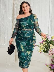 Modelyn 大尺碼女士口紅染色不對稱領高彈緊身連身裙 - 彩色 - 查看 5