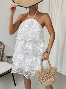 Chiquease Women's Multi-Layered Mesh Dress With Floral Print And Ruffle Hem, Halter Neckline - White - View 5