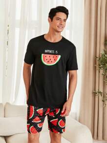 CoupledUp Cartoon Fruit Printed Short Sleeve T-Shirt And Shorts Set Men's Homewear - Multicolor - View 4