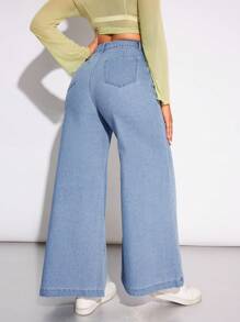 SHEIN Privé Solid Color Wide Leg Denim Pants - Light Wash - View 2