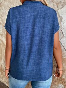 Parysyn Plus Size Top With Notched Neckline And Batwing Sleeves - Blue - View 2