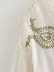 花卉刺绣灯笼袖荷叶边衬衫，长袖上衣