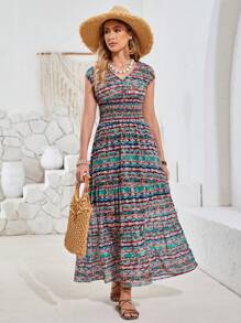 GENKIRA Vintage Printed Short Sleeve Women's Dress - Multicolor - View 4