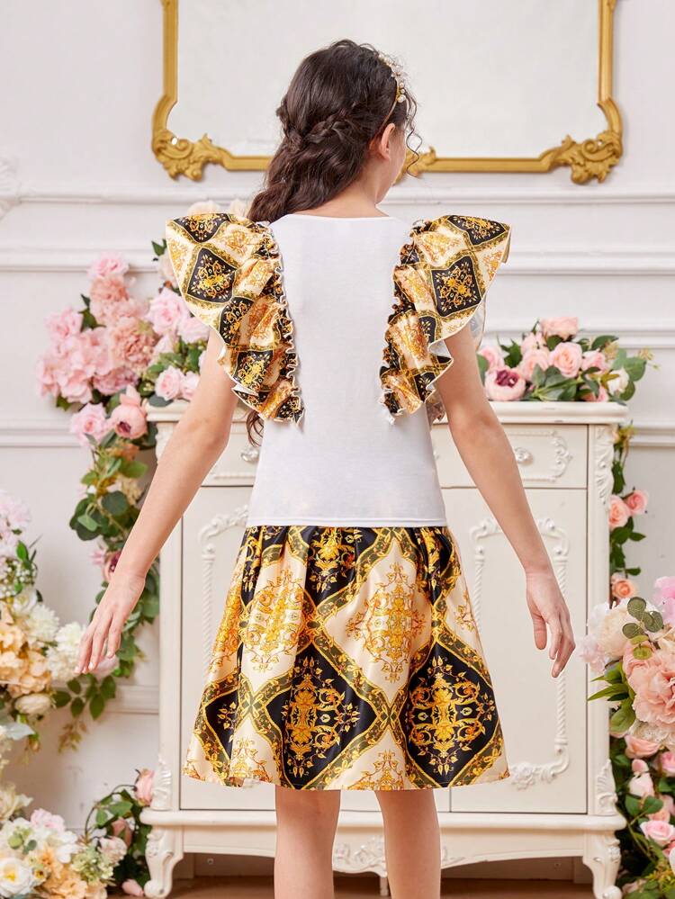 Tween Girls' Round Neck Blouse With Ruffles & Baroque Print Skirt Set