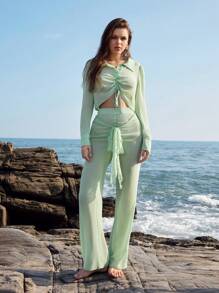 Anewsta Pantalones Rectos De Color Sólido Para Mujer Con Cinturón - Verde - Ver 6