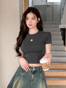 DAZY 女款短袖時尚星星鏤空短版上衣 - 灰色 - 查看 4