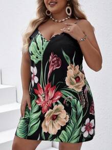 SHEIN VCAY Váy dây mảnh in họa tiết cây nhiệt đới mùa hè Boho cỡ lớn - Nhiều màu - Xem 2