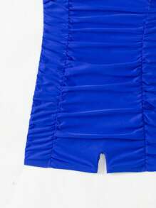 SHEIN Swim 女款藍色一件式泳衣,帶有荷葉邊肩帶和褶皺細節,適用於夏季、沙灘、游泳 - 寶藍色 - 查看 4